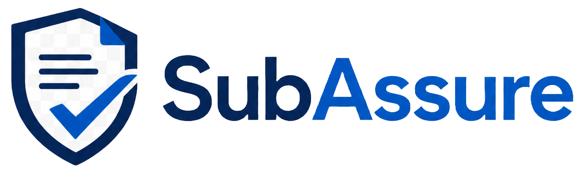 SubAssure logo featuring a blue shield with a checked document